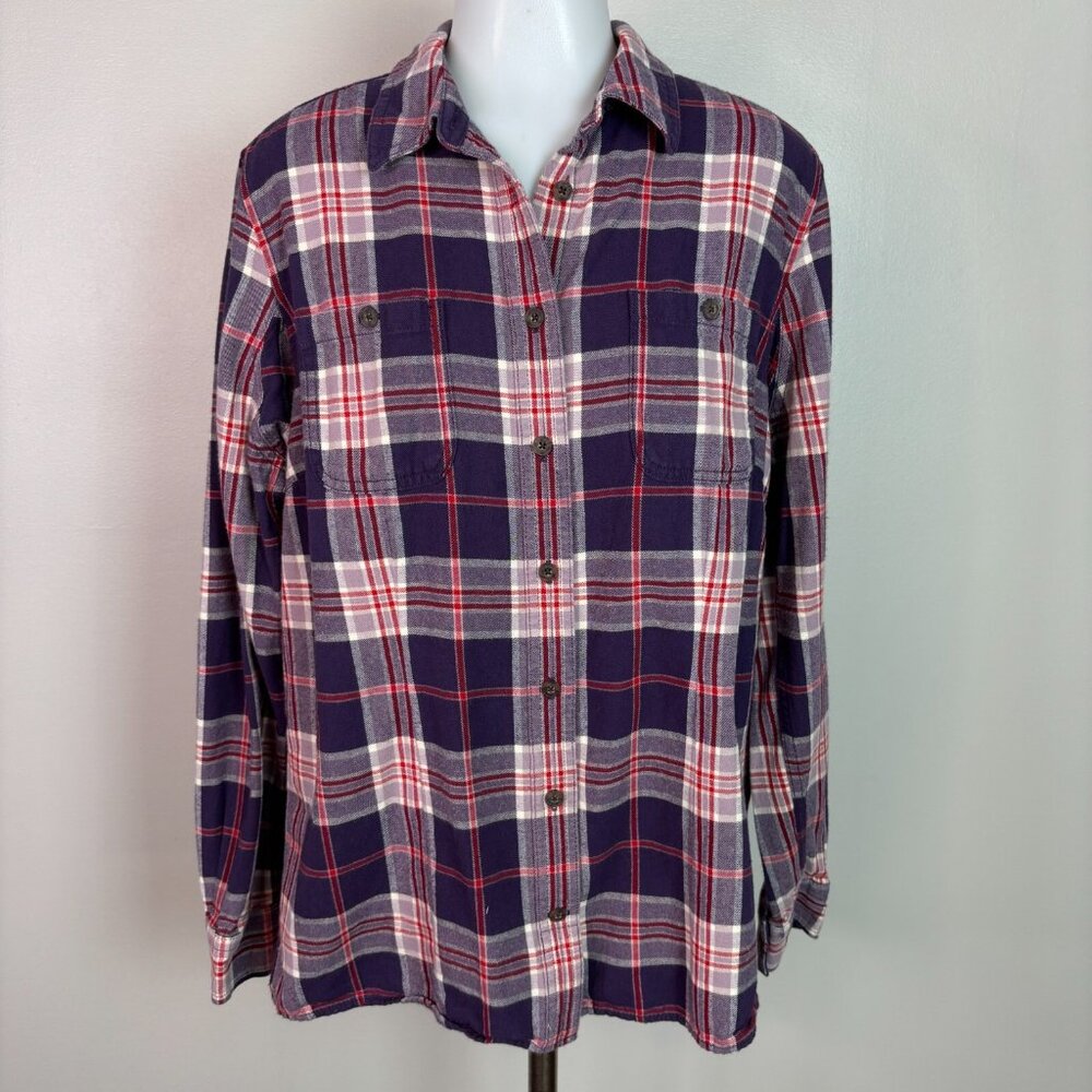 Duluth Trading Co Flannel Shirt Large Purple Ted Plaid Cotton Button-Up Top